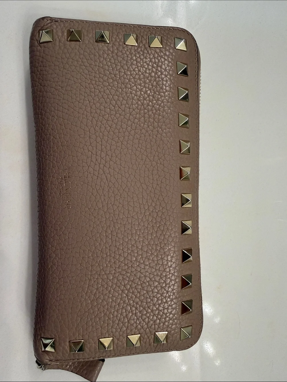 Valentino Garavani Taupe Pebbled Leather Zip Wallet with Gold Studs